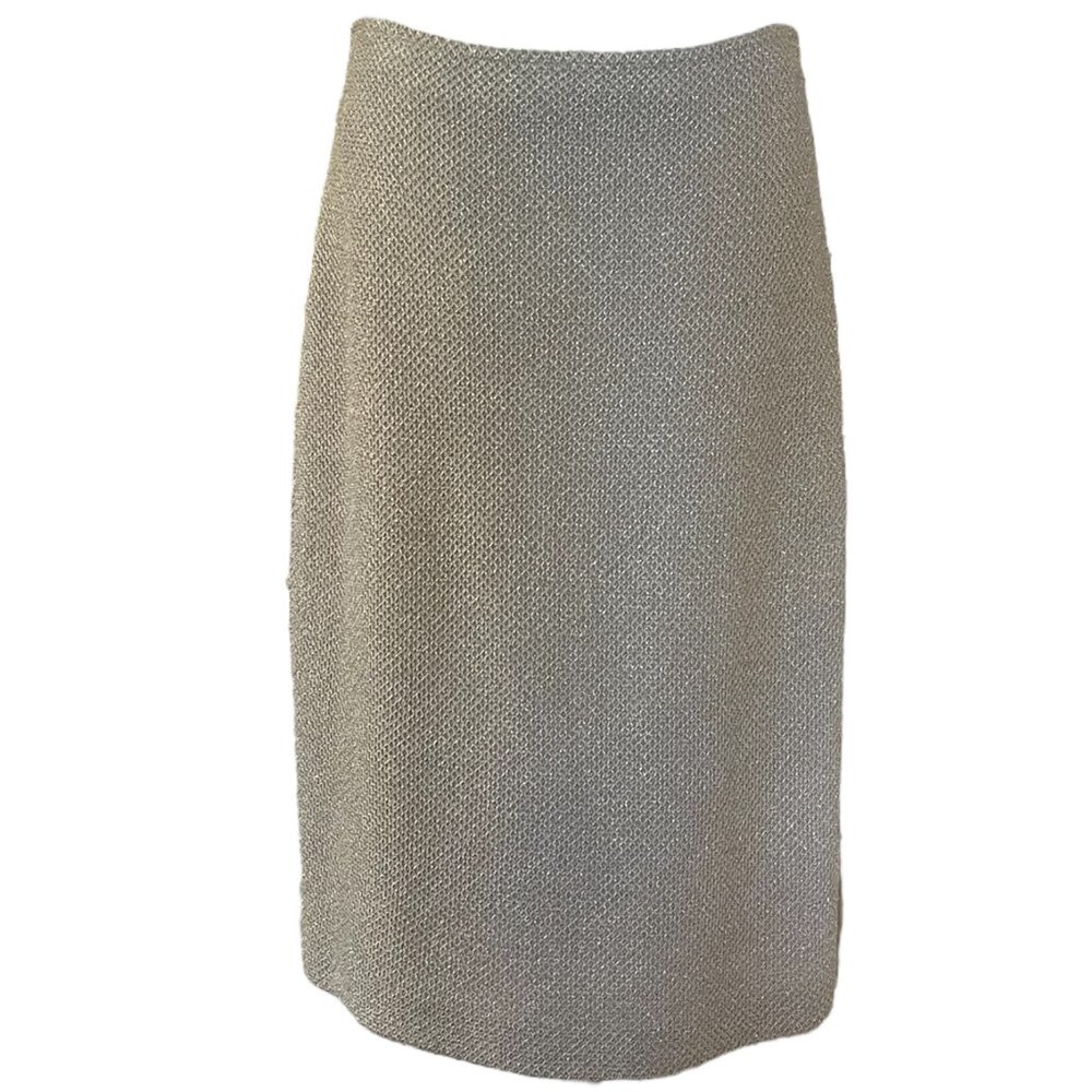 St. John Couture Silver & Gold Metallic Lined Knit Pencil Suit Skirt With Slit